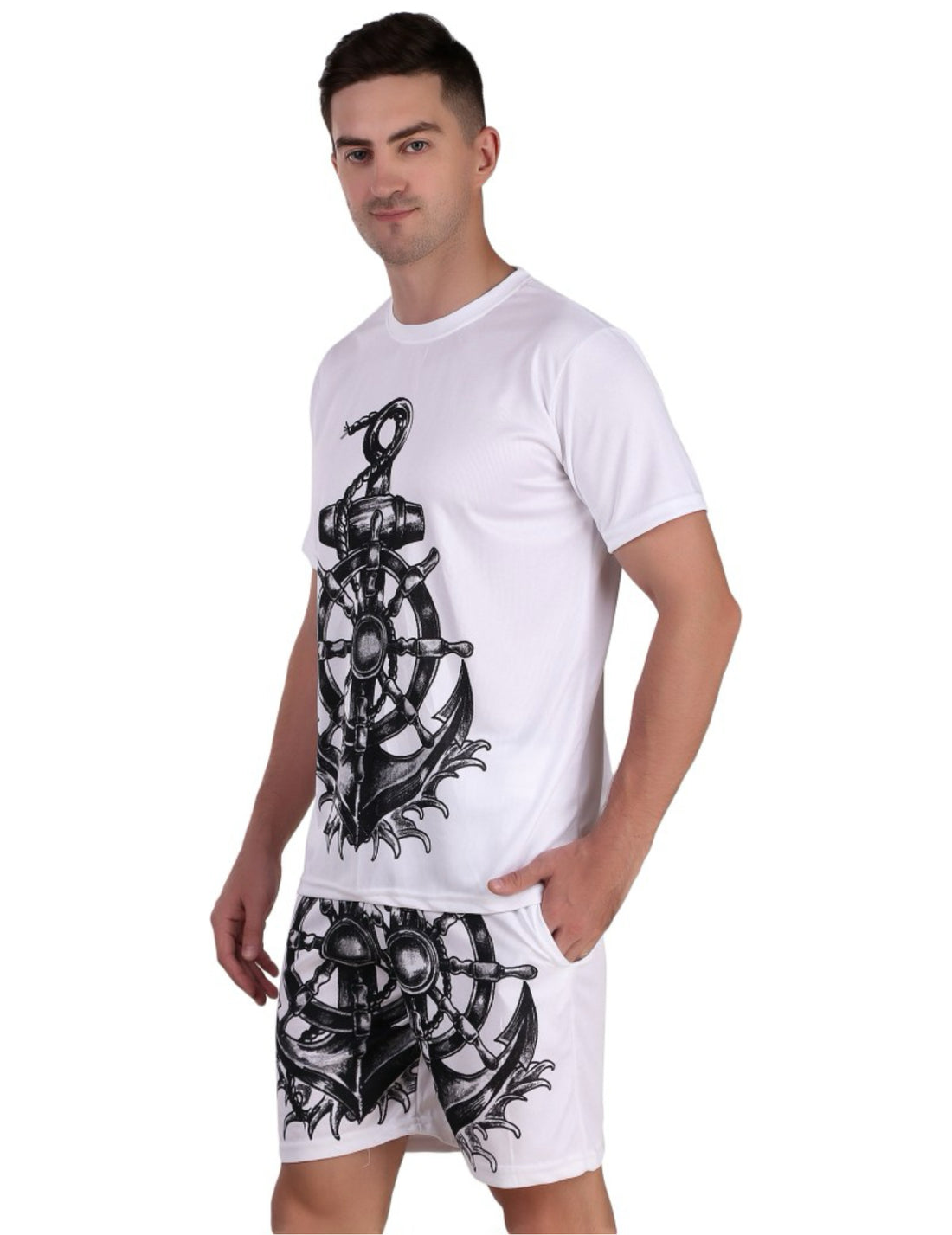 Kunzie Men’s vintage compass print T-shirt and shorts co-ord set